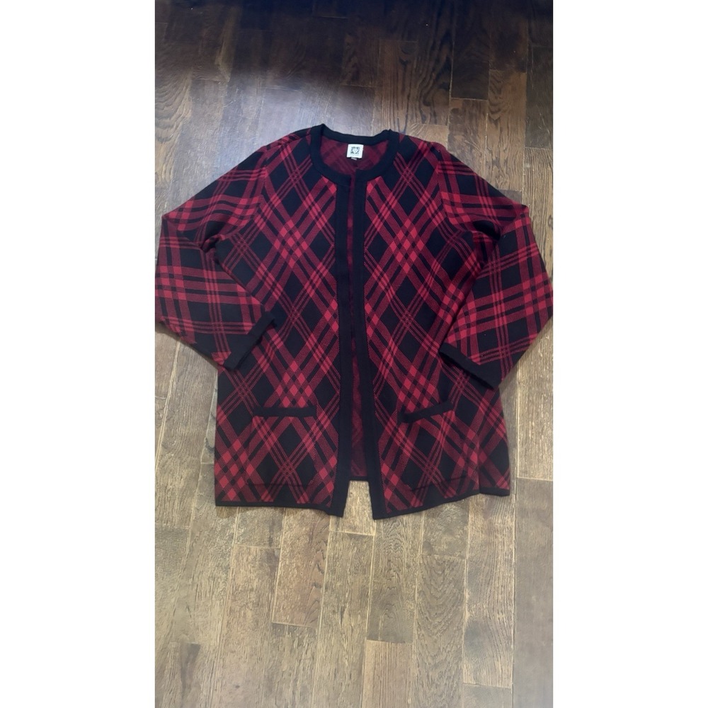 Anne Klein Women's Red Black Plaid Open Front Cardigan Sweater Size L w/Pockets
